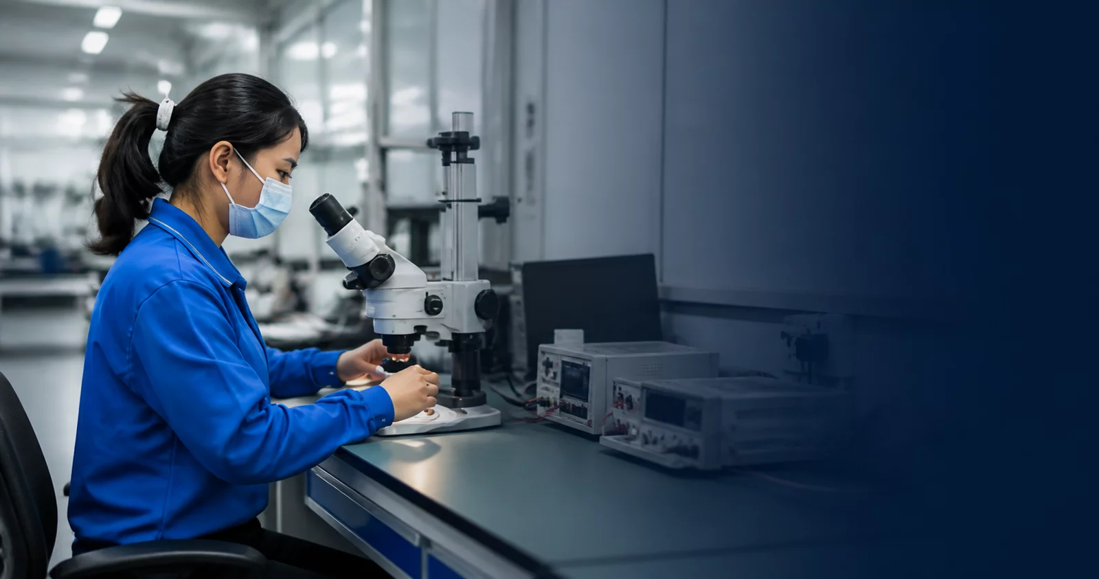 Quality control technician using a microscope